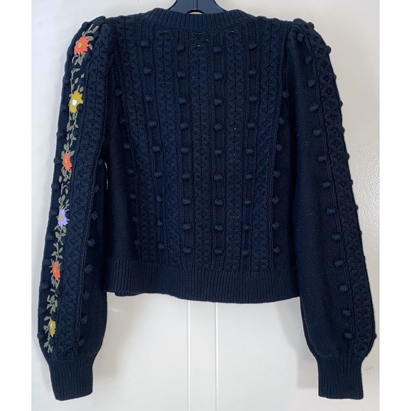 Alice + Olivia Kitty Floral Puff Sleeve Wool Blend Black Cardigan Sweater - Picture 9 of 16